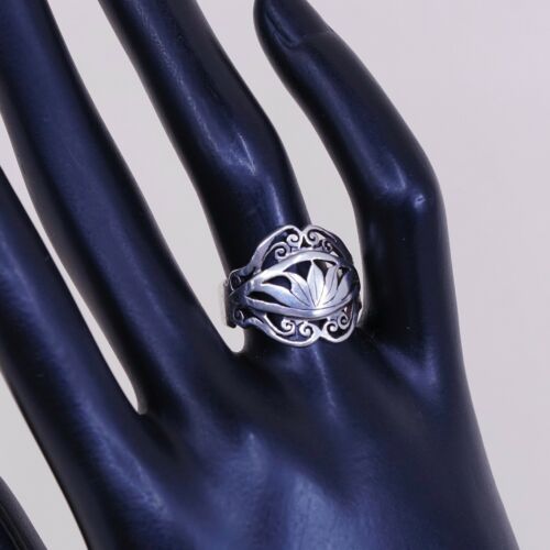 Sz 7.5, Vtg 925 Sterling Silver Handmade Band Ring Filigree Leaves, Stamped 925