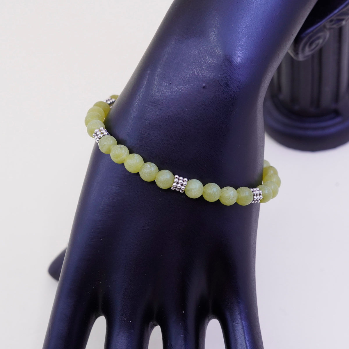 6.75”, vintage 925 Sterling silver handmade bracelet with jade beads