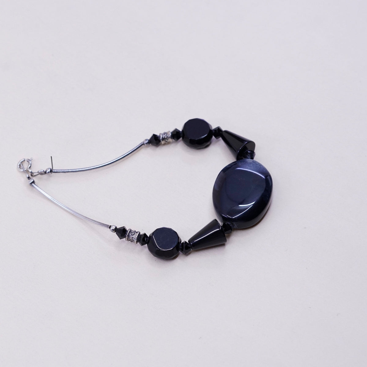 6.5”, sterling silver handmade bracelet, 925 bard with obsidian beads