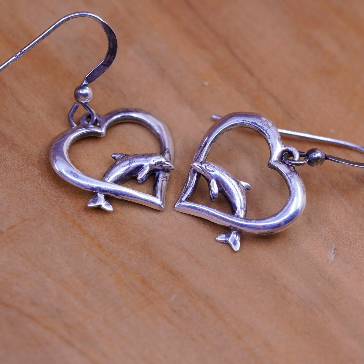 Vintage Sterling silver handmade earrings, 925 heart drops with dolphin