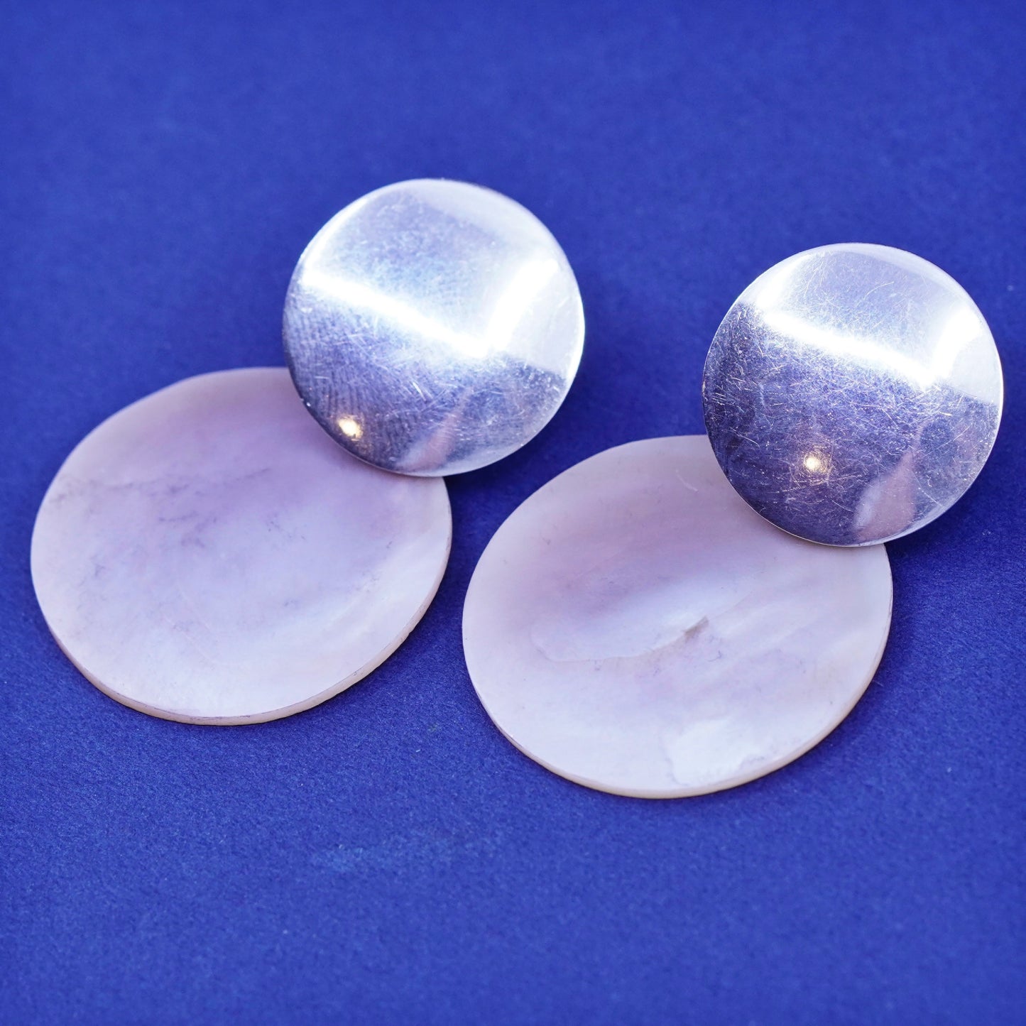 sterling silver handmade earrings, 925 round studs with mother of pearl discs