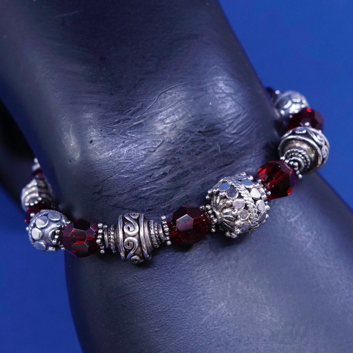 6”, vtg sterling silver handmade bracelet, 925 w/ crystal beads N teapot spoon