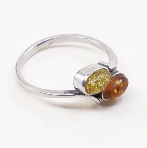 Sz 6.75, Orangle Amber Cabochon Sterling Silver Solitaire Ring, Silver Tested