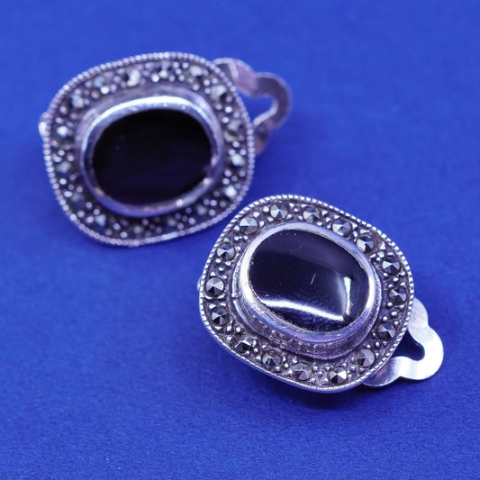 Vintage sterling 925 silver handmade clip on earrings oval obsidian marcasite