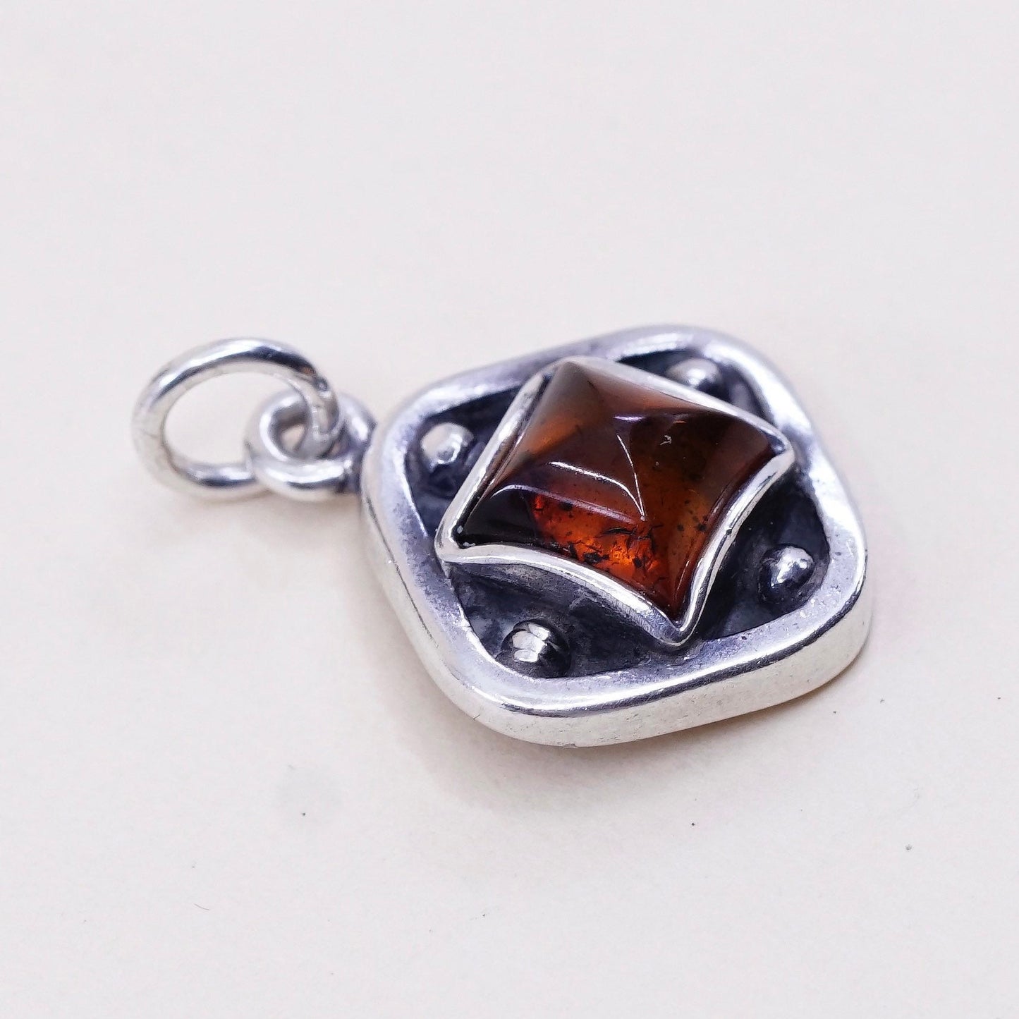 Vintage sterling 925 silver handmade pendant charm with amber