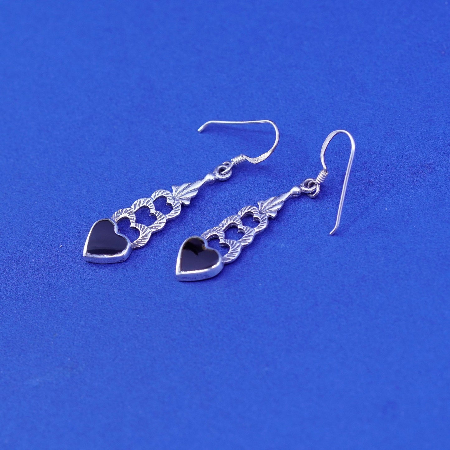 Vintage Sterling silver handmade earrings, 925 heart with obsidian