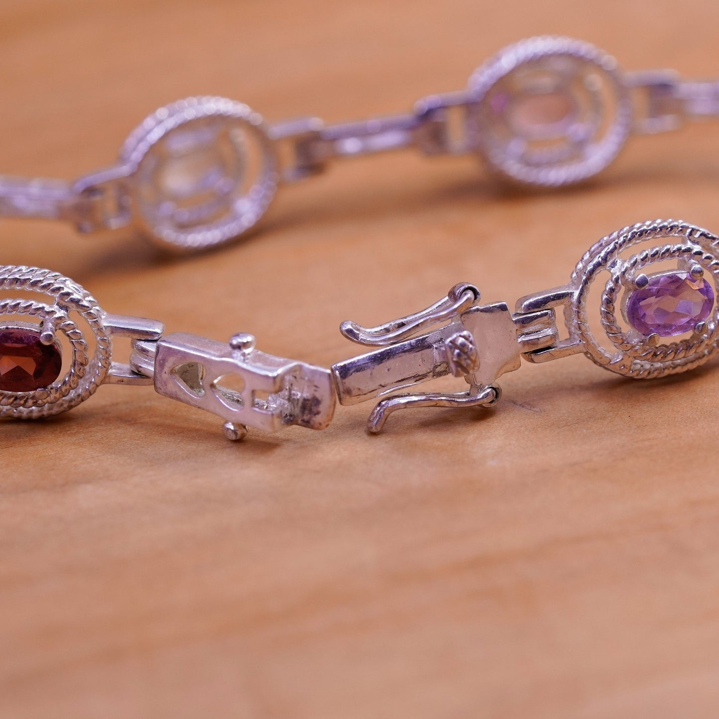 7”, vtg Sterling silver tennis bracelet, 925 bar amethyst topaz peridot citrine