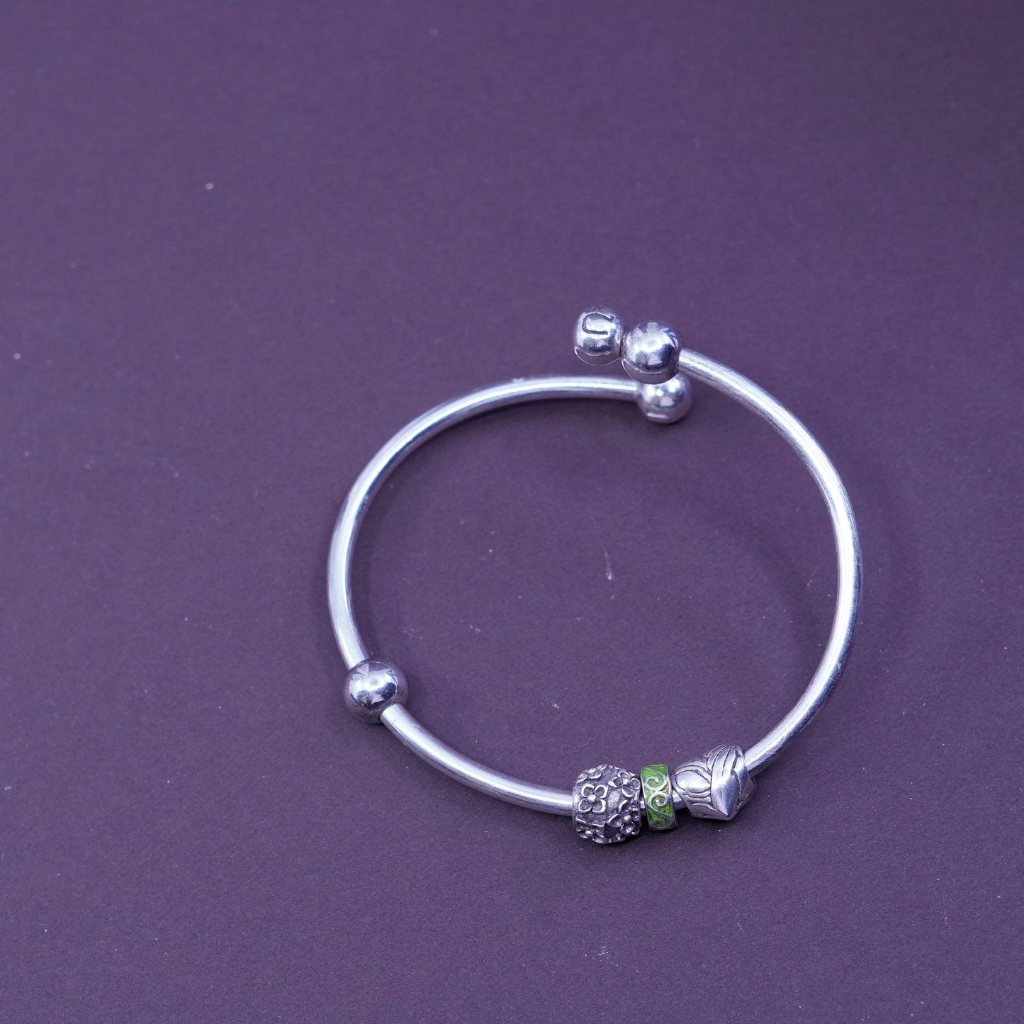 6.5”, antique sterling silver handmade bracelet, 925 wrap bangle with heart flower bead charms, stamped 925 U