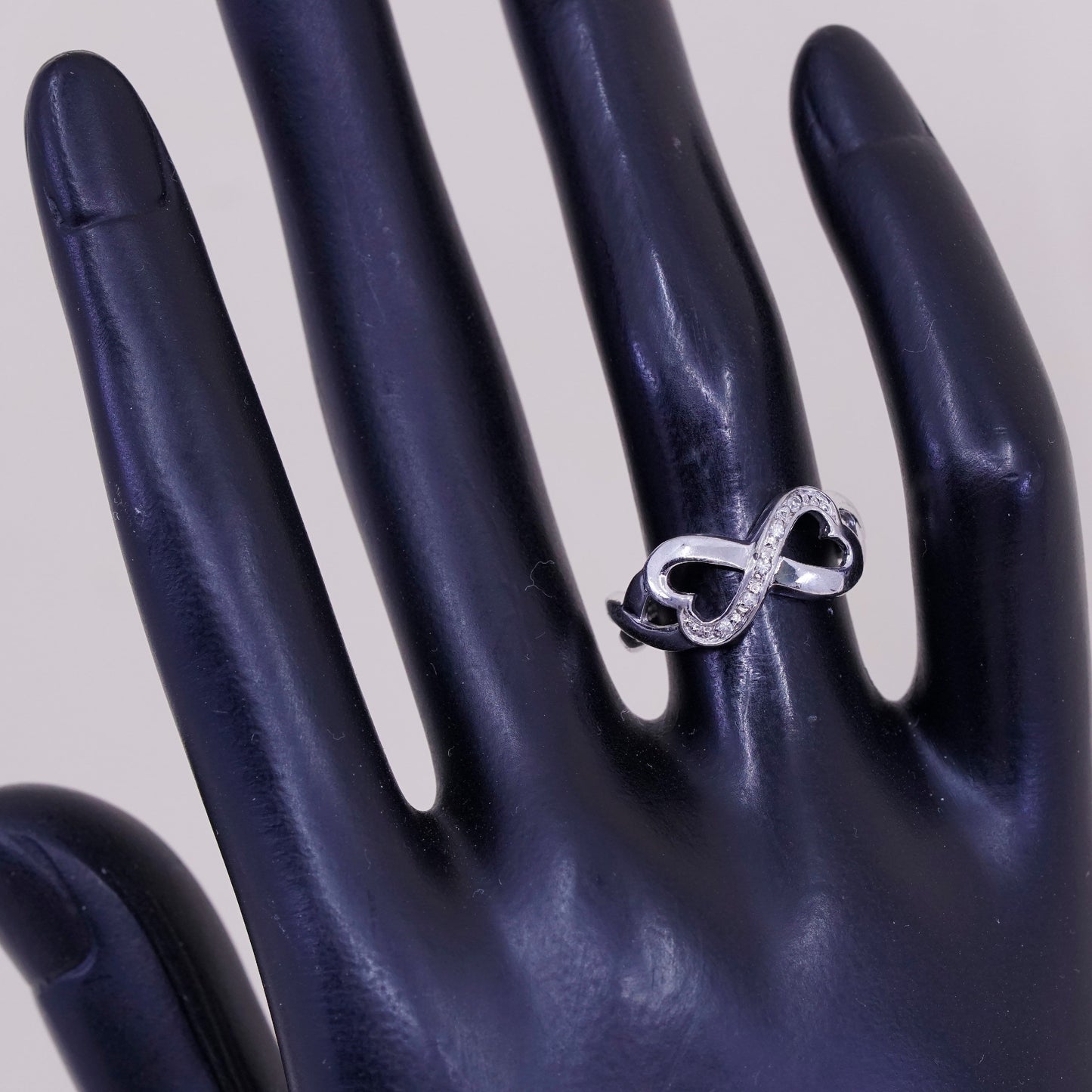 Size 6.25, Vintage sterling silver handmade ring, 925 heart band with Cz around