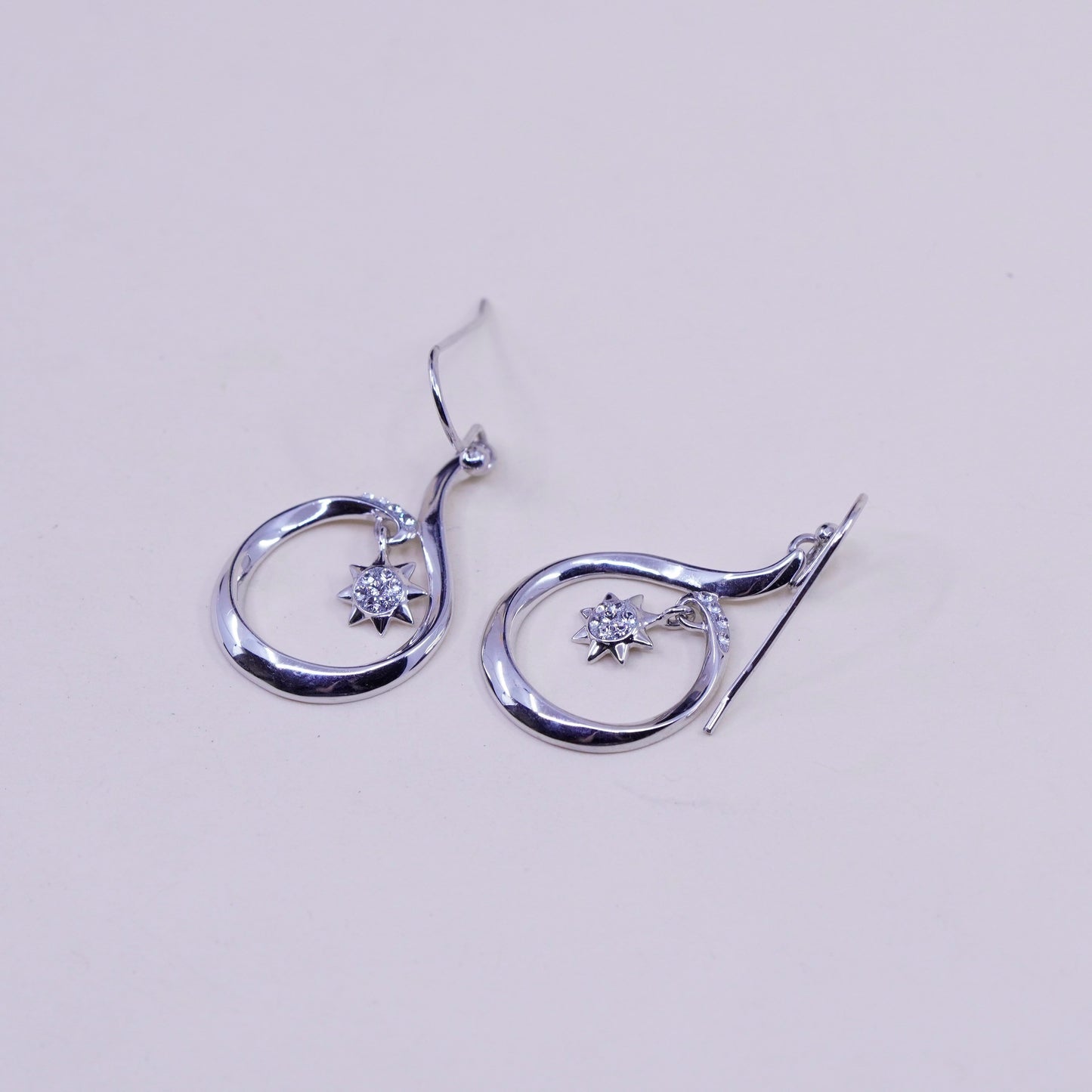Vintage sterling silver handmade earrings, 925 snowflake drops with cz inlay