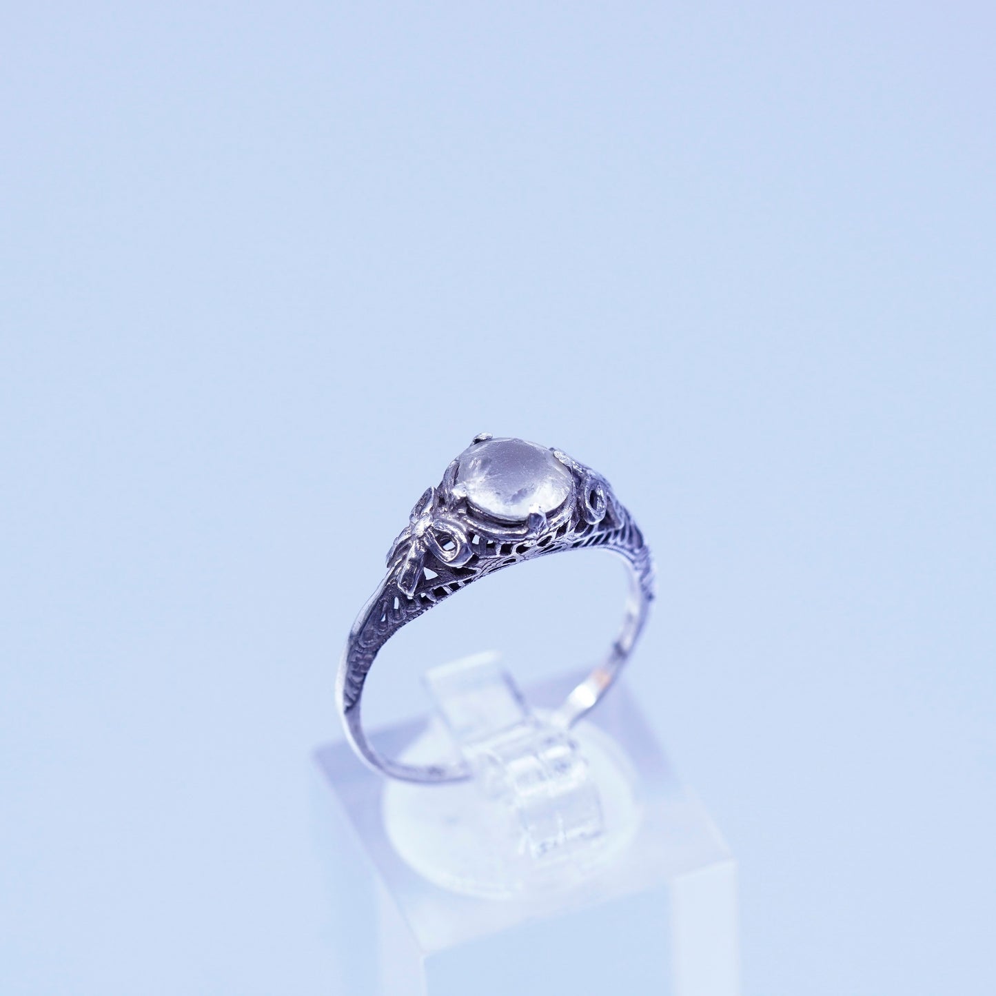 Size 8.25, vintage Sterling 925 silver handmade ribbon bow ring with moonstone