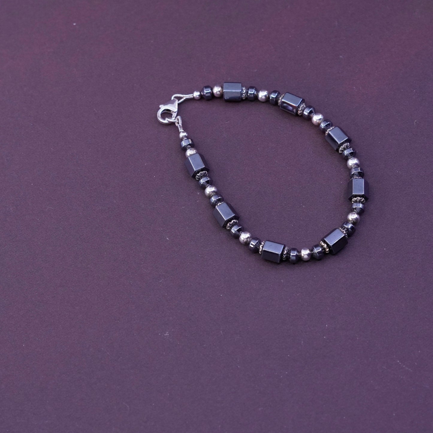 7” Vintage sterling 925 silver handmade bracelet with hematite beads