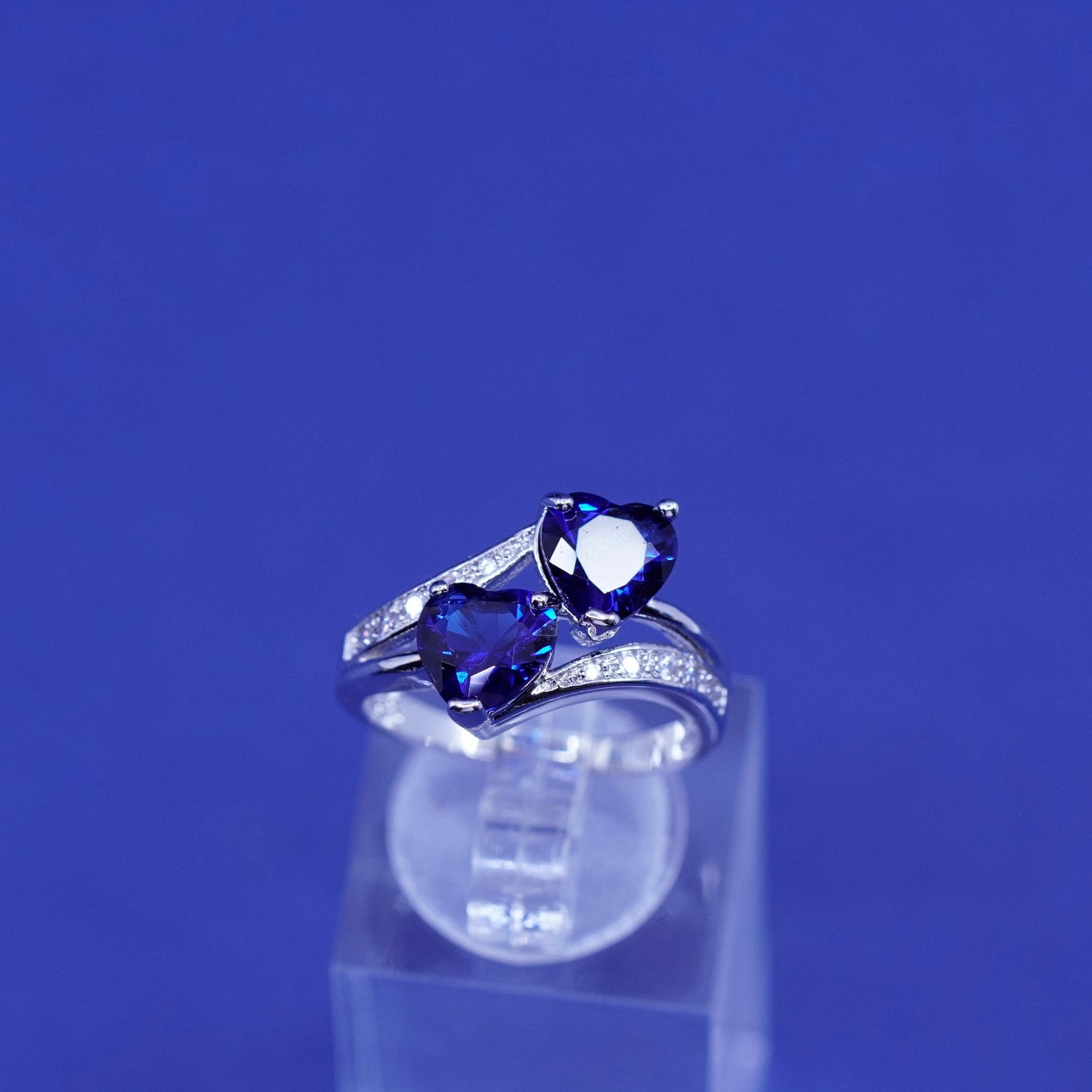 Size 6.25, Sterling 925 silver engagement ring with sapphire heart cluster Cz