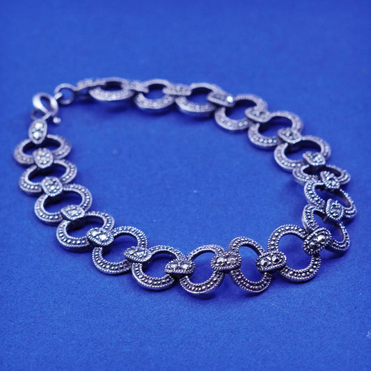 7.25”, vintage sterling 925 silver tennis circle bracelet with marcasite