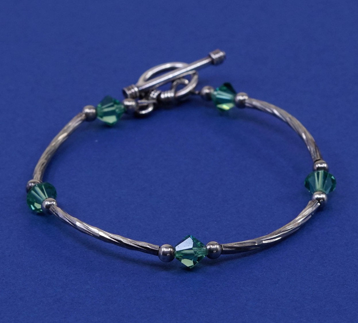 6.5", Sterling silver handmade bracelet, 925 bar tube w/ blue crystal beads
