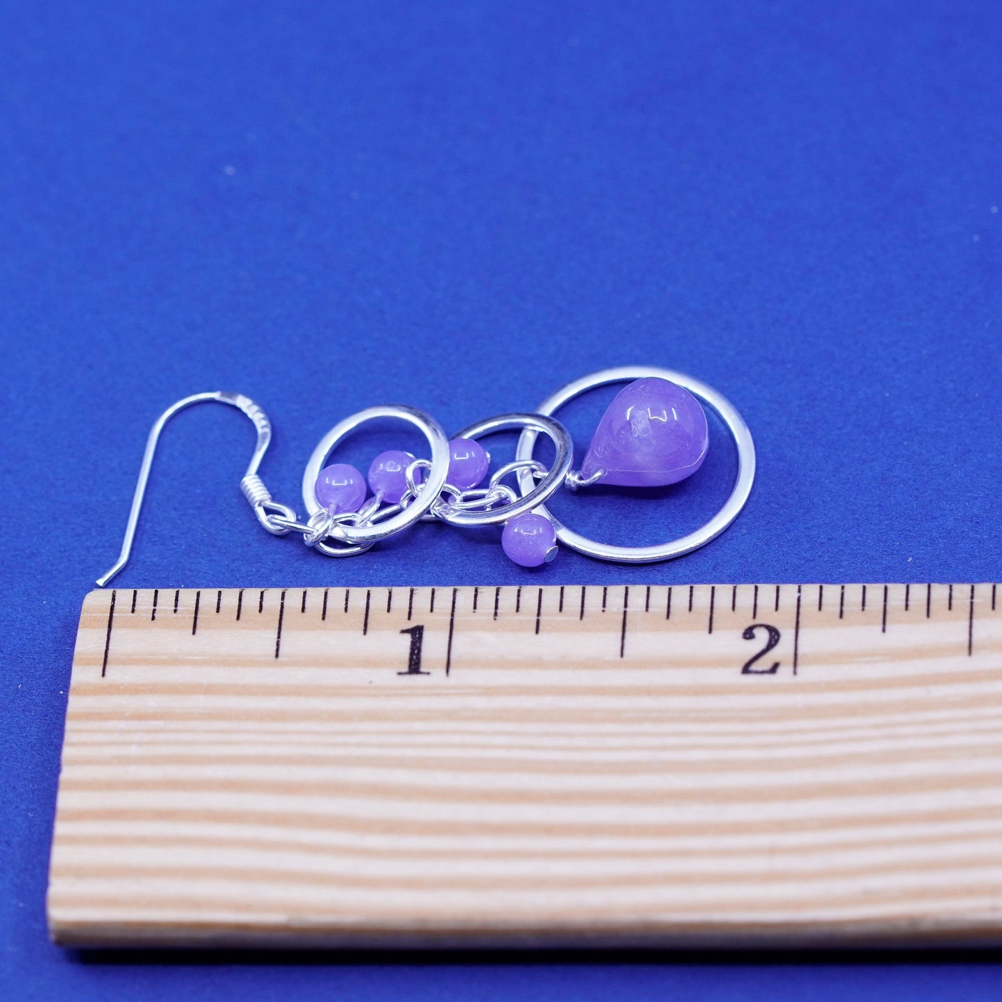 Vintage sterling silver handmade earrings, 925 circles w/ bead amethyst dangles