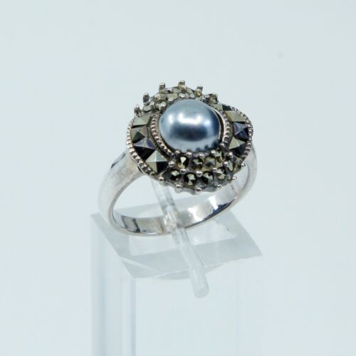 Sz 8.25, Vtg Sterling Silver Handmade Ring, 925 Silver W/ Faux pearl N Marcasite