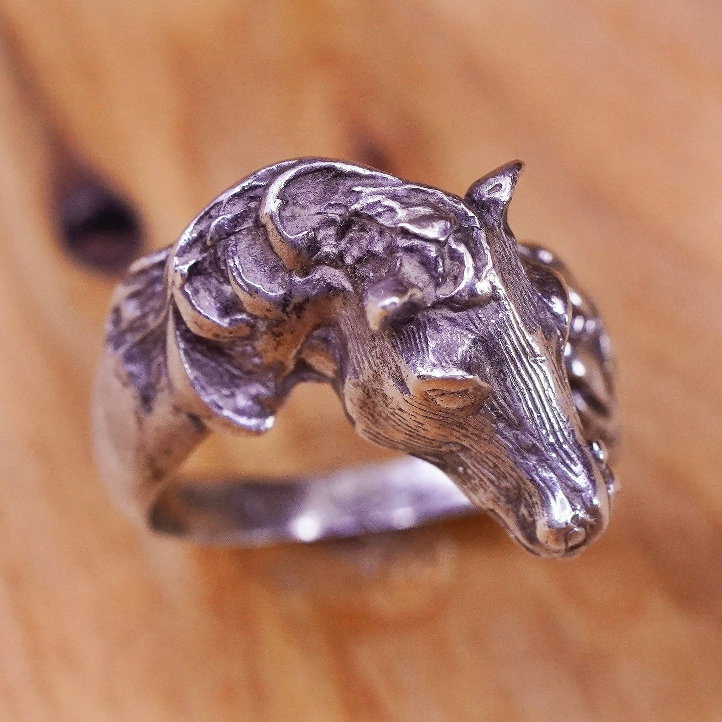 Size 4.5, vtg Gorham sterling silver handmade ring, 925 horses Portrait ring