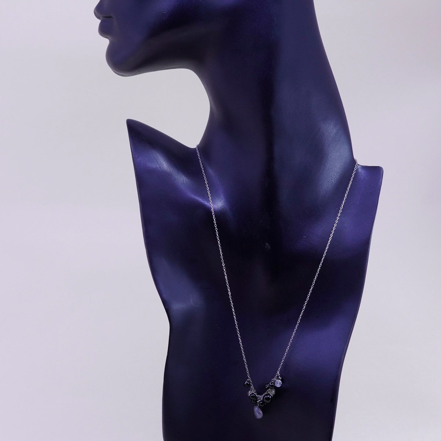 18”, Sterling 925 silver necklace chain cluster labradorite obsidian beads