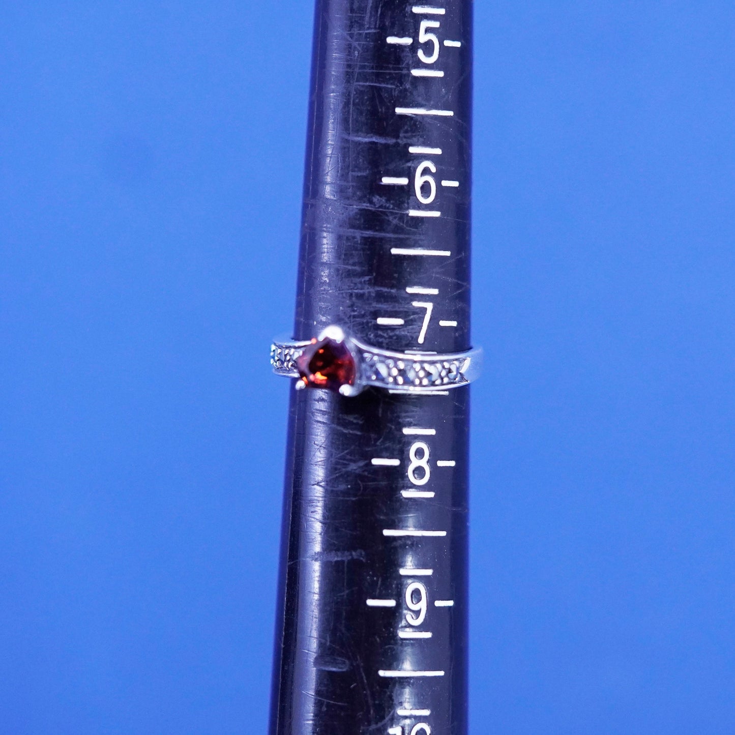 Size 7.25, Sterling silver handmade ring, 925 stackable band heart marcasite