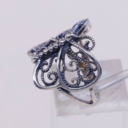 Sz 6.25 Vtg Sterling Silver Handmade Ring, 925 Silver Band W/ Filigree Butterfly
