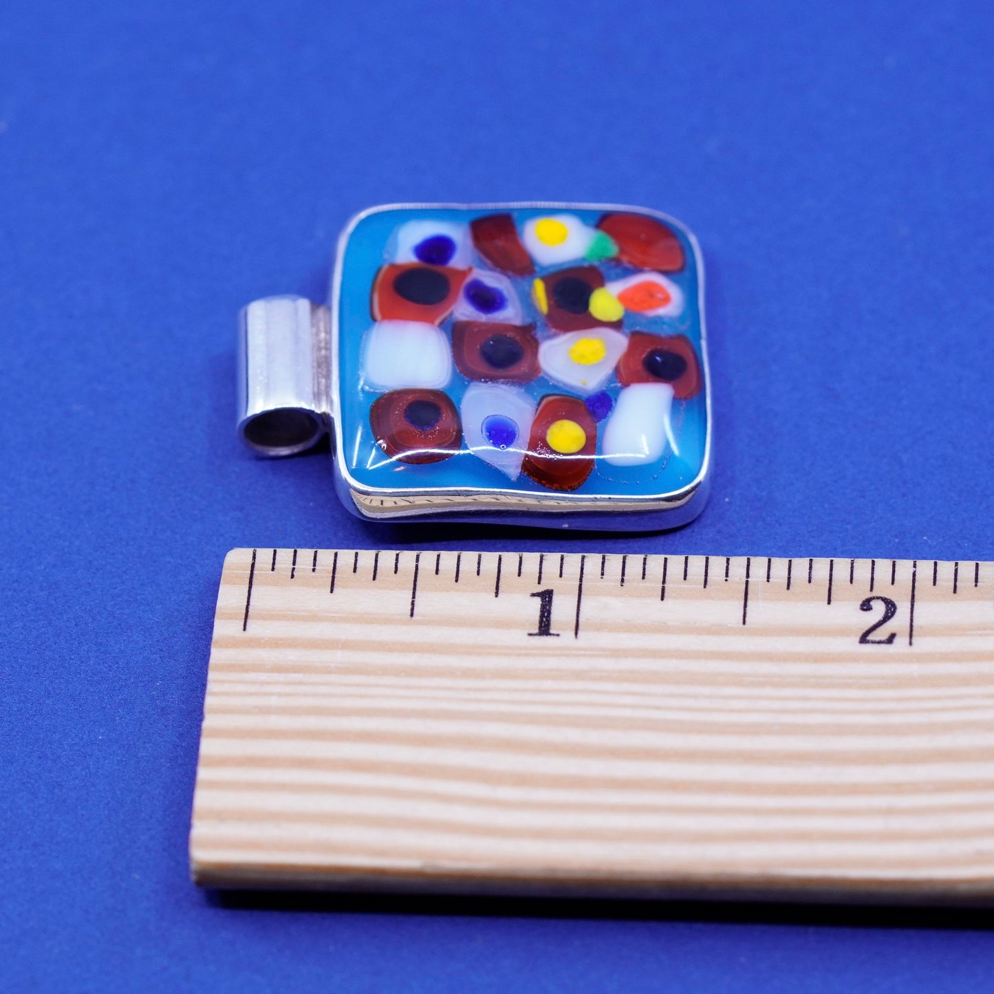 Vintage sterling 925 silver handmade pendant with square blue dichroic glass