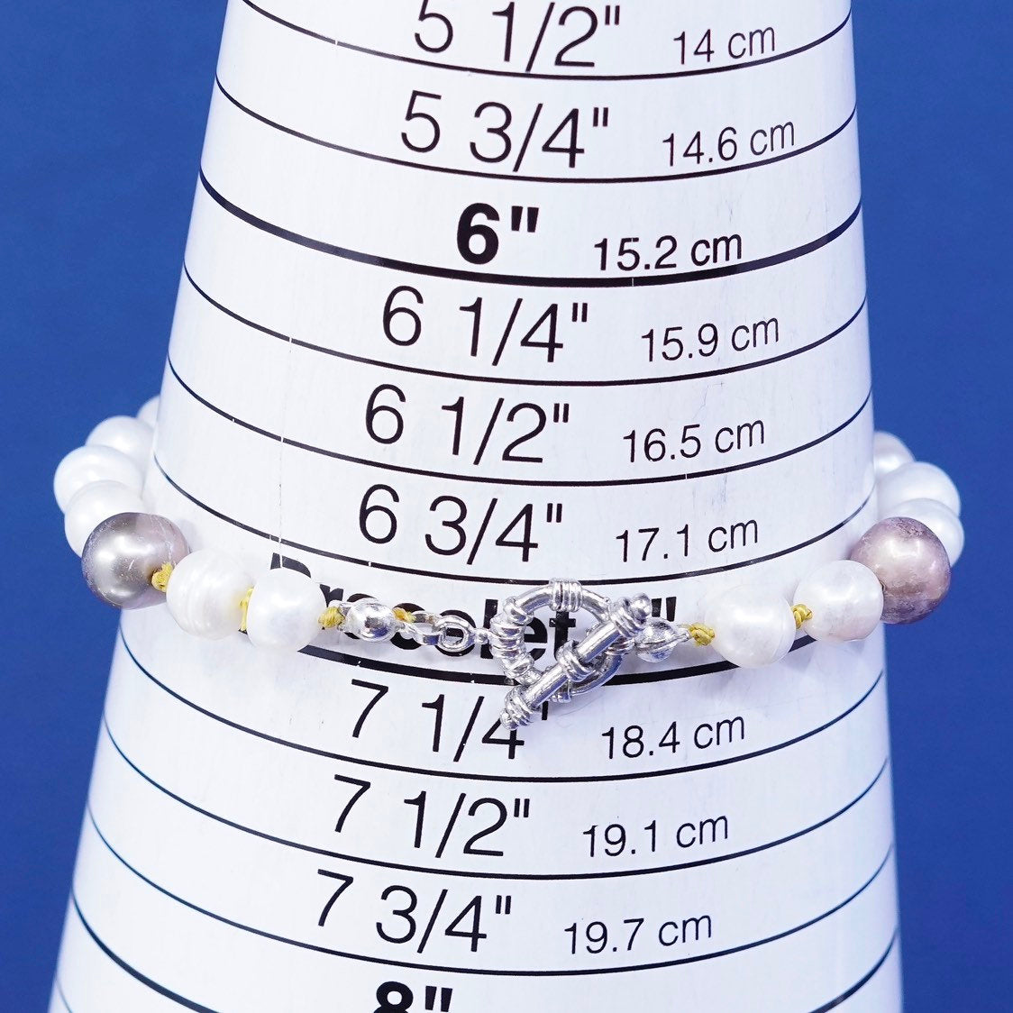 7", vtg sterling silver handmade bracelet, pearl w/ 925 toggle closure