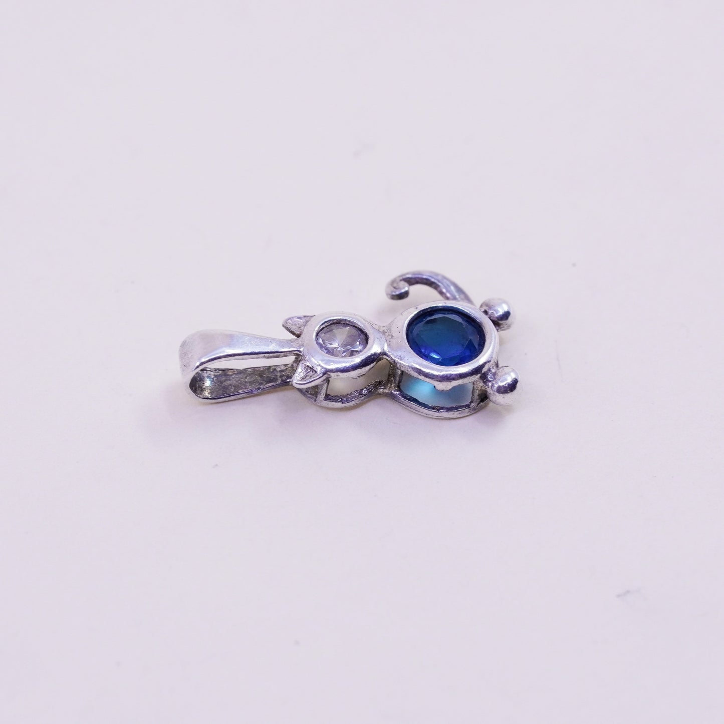 Sterling 925 silver cat kittie puppy birthstone pendant charm with blue Cz