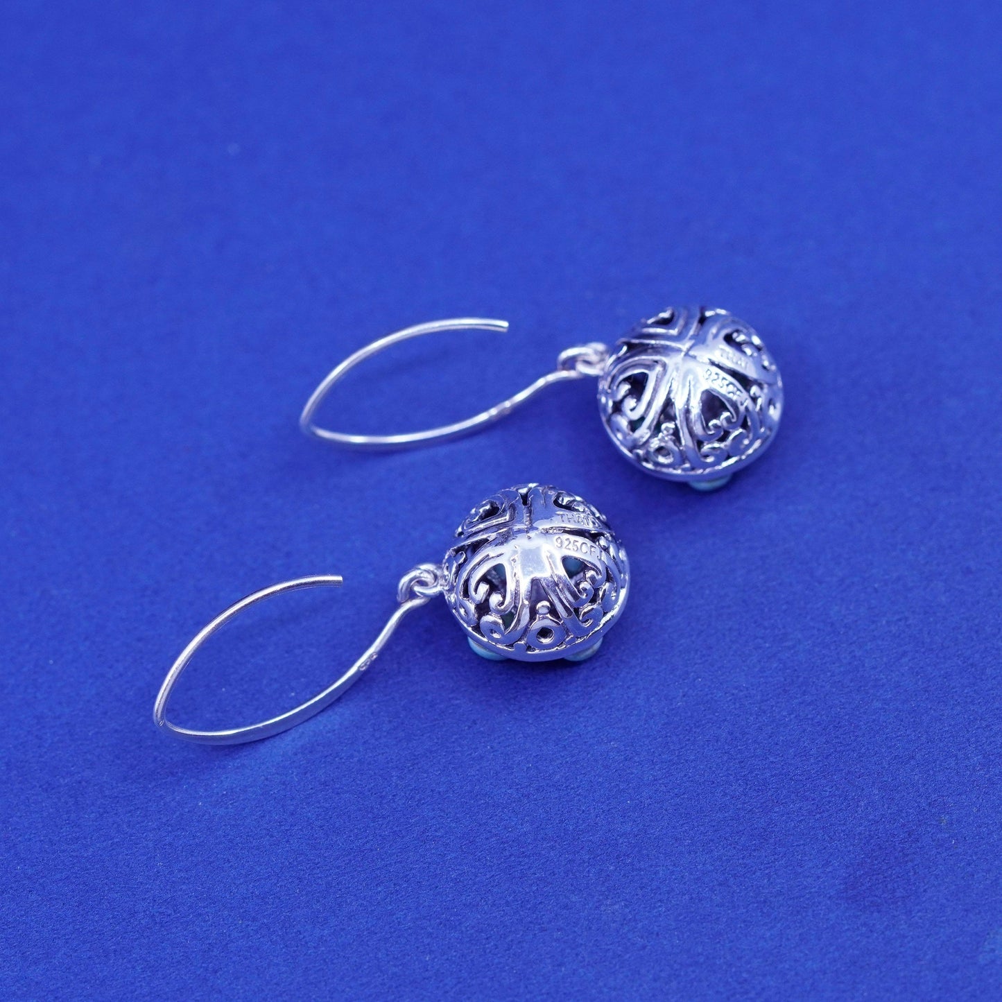 Vintage CFJ sterling 925 silver handmade filigree bead earrings with turquoise