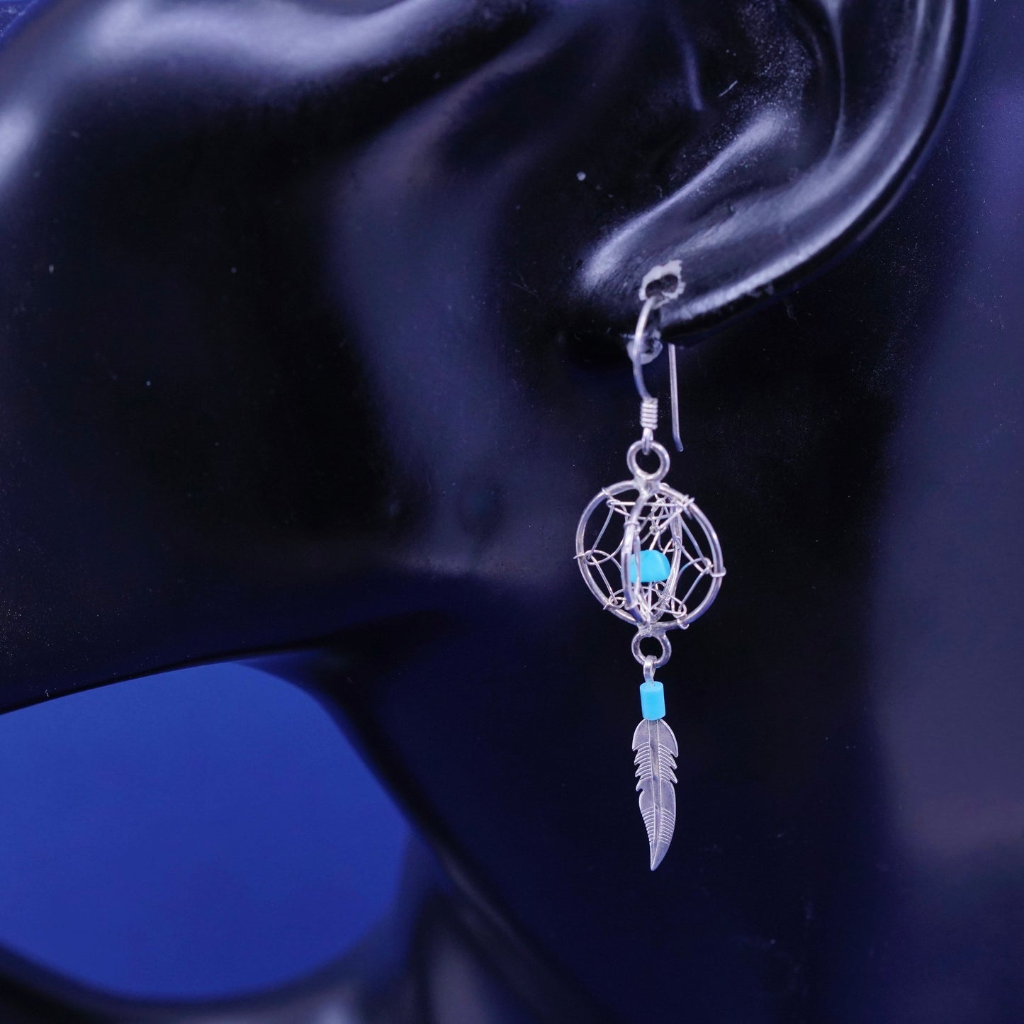 sterling silver earrings, 925 netted circle with turquoise and feather dangles