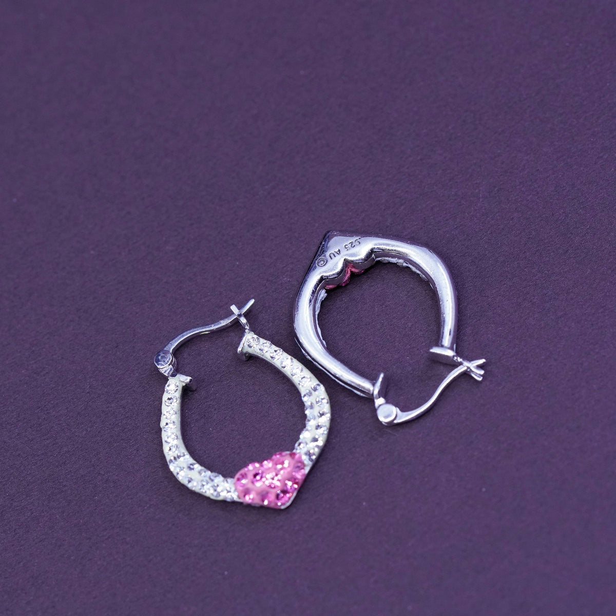 1”, AU Sterling silver handmade earrings, 925 heart hoops with cluster Crystal