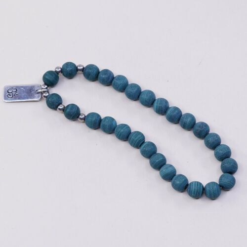 6.5”, Vtg Handmade Malachite Beads Bracelet W/ Elastic Band N 925 Om Aum Tag