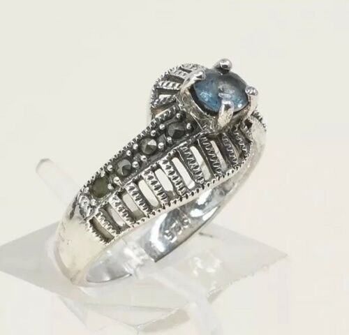 Sz 6, Sterling Silver handmade Ring, 925 Silver W/ Sapphire n marcasite, Stamped