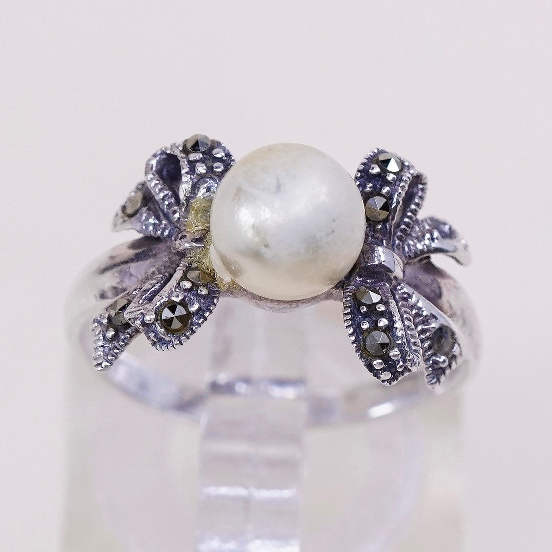 sz 6.75, vtg sterling silver handmade ring, 925 w/ faux pearl n marcasite