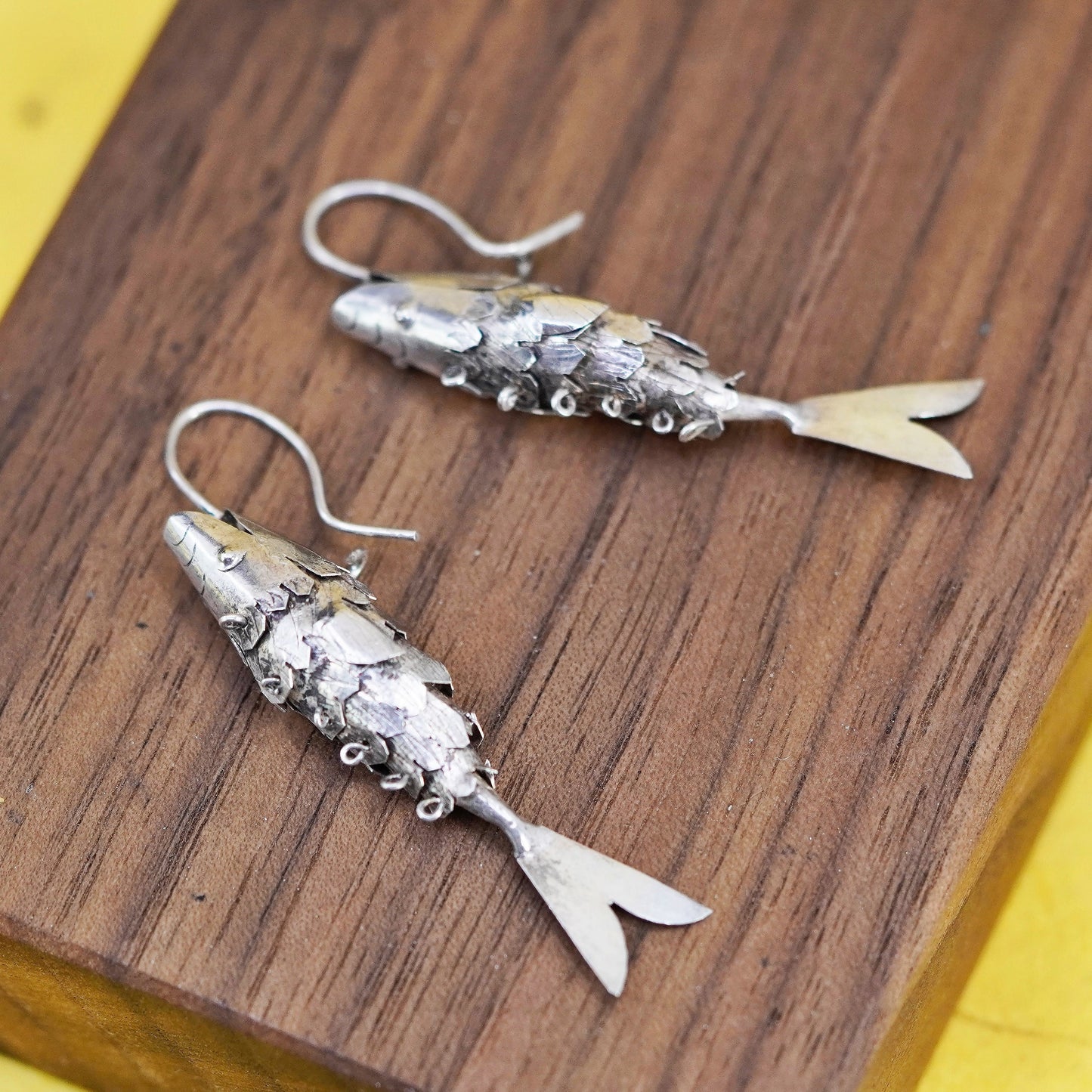 Vintage sterling silver handmade earrings, 925 movable fish dangles