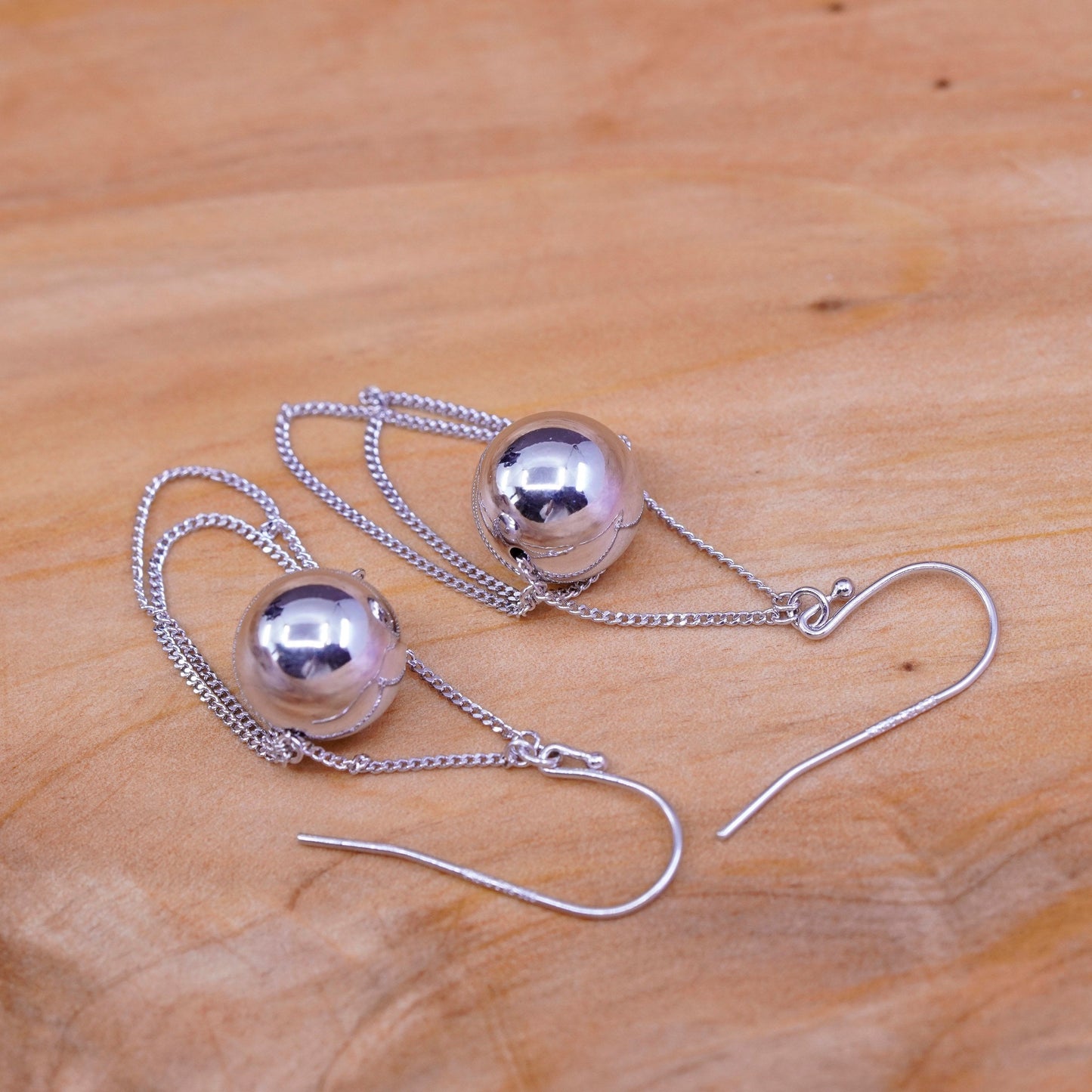 12mm, vtg PAJ Sterling silver handmade earrings, 925 beads drops with fringe