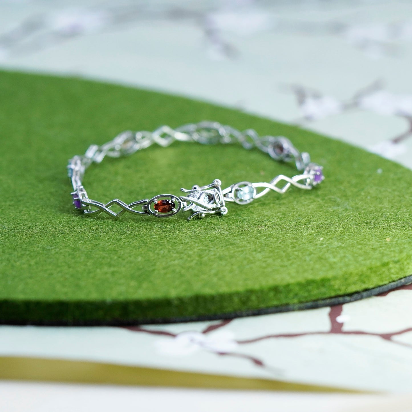 7”, vintage Sterling 925 silver tennis bracelet with ruby peridot peridot