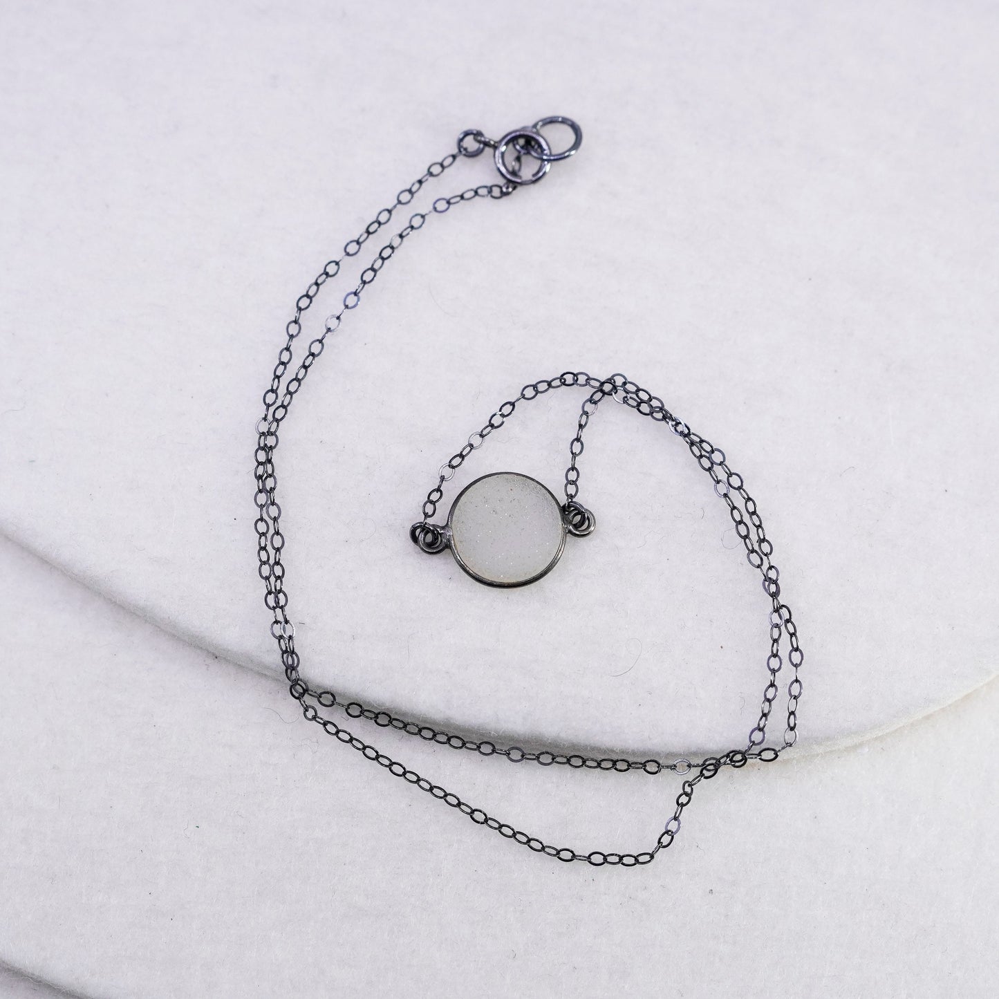 16”, vintage Sterling 925 silver circle chain necklace with white druzy pendant