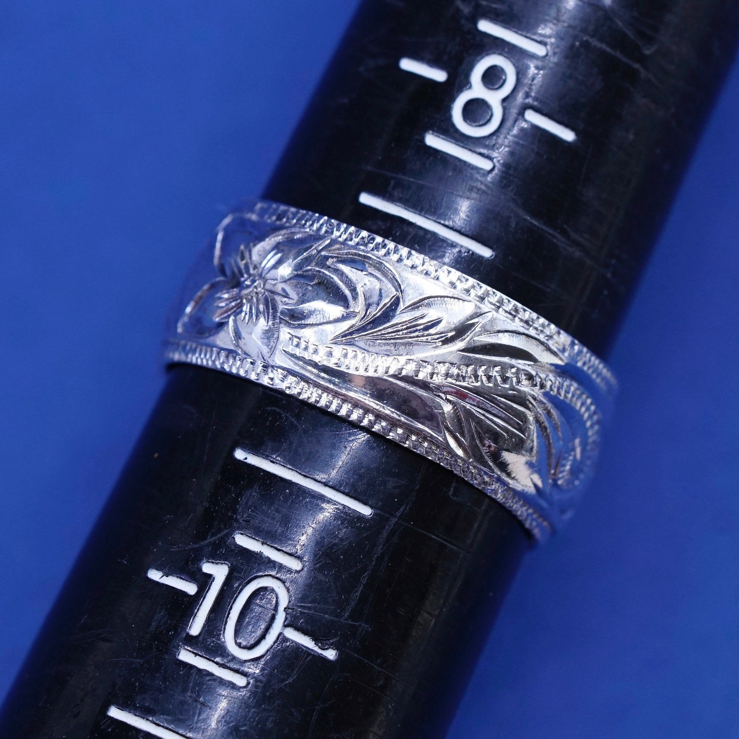 Size 9, vtg PCU Sterling silver handmade ring, 925 flower embossed band