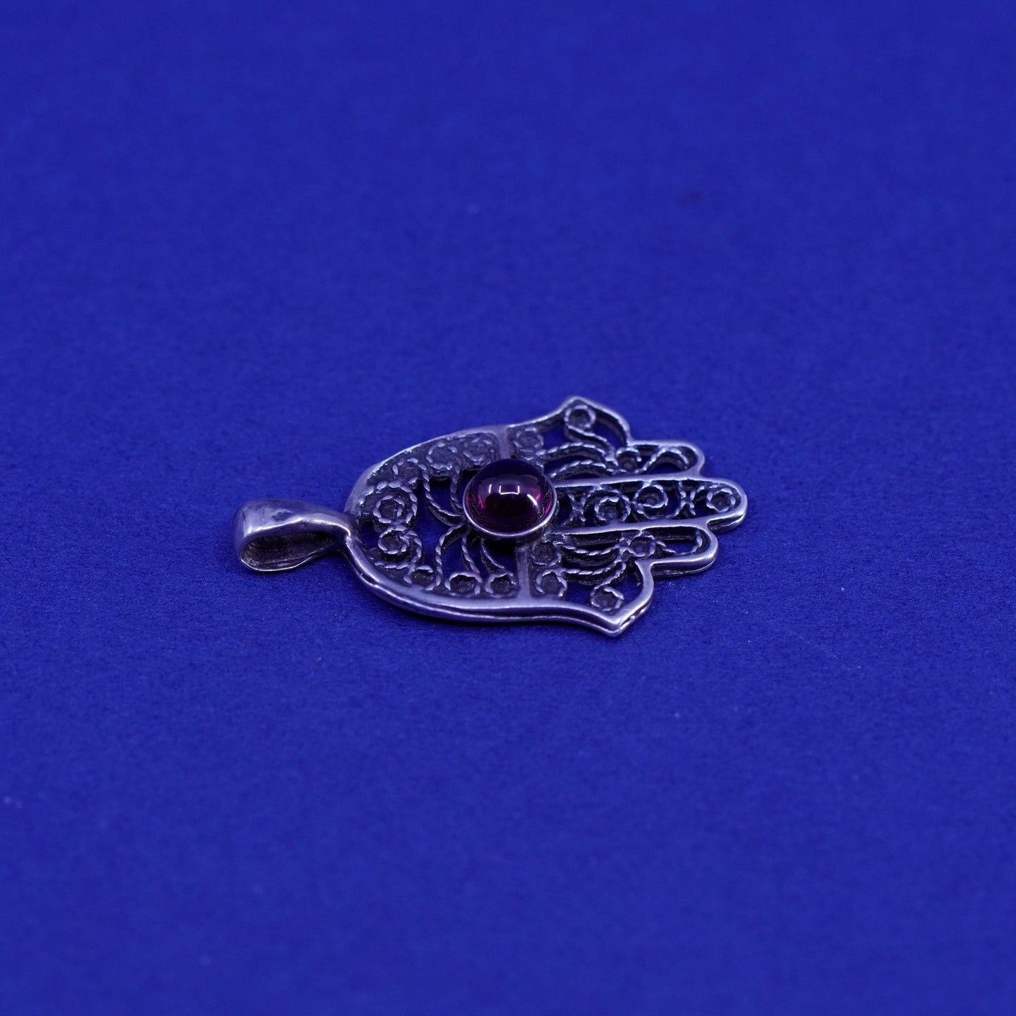 Vintage Sterling silver handmade pendant, 925 filigree hand with garnet