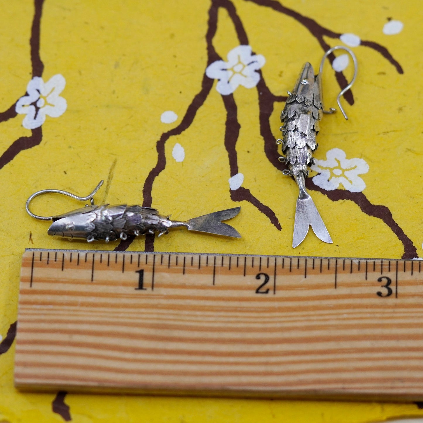 Vintage sterling silver handmade earrings, 925 movable fish dangles