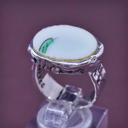 sz 7, PB Sterling silver handmade ring, Mexican 925 wide band w/ China pottery