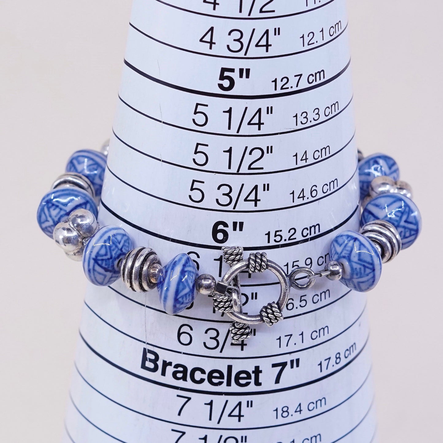 6.25”, VTG handmade bracelet glazed ceramic beads w/ 925 beads N toggle closure
