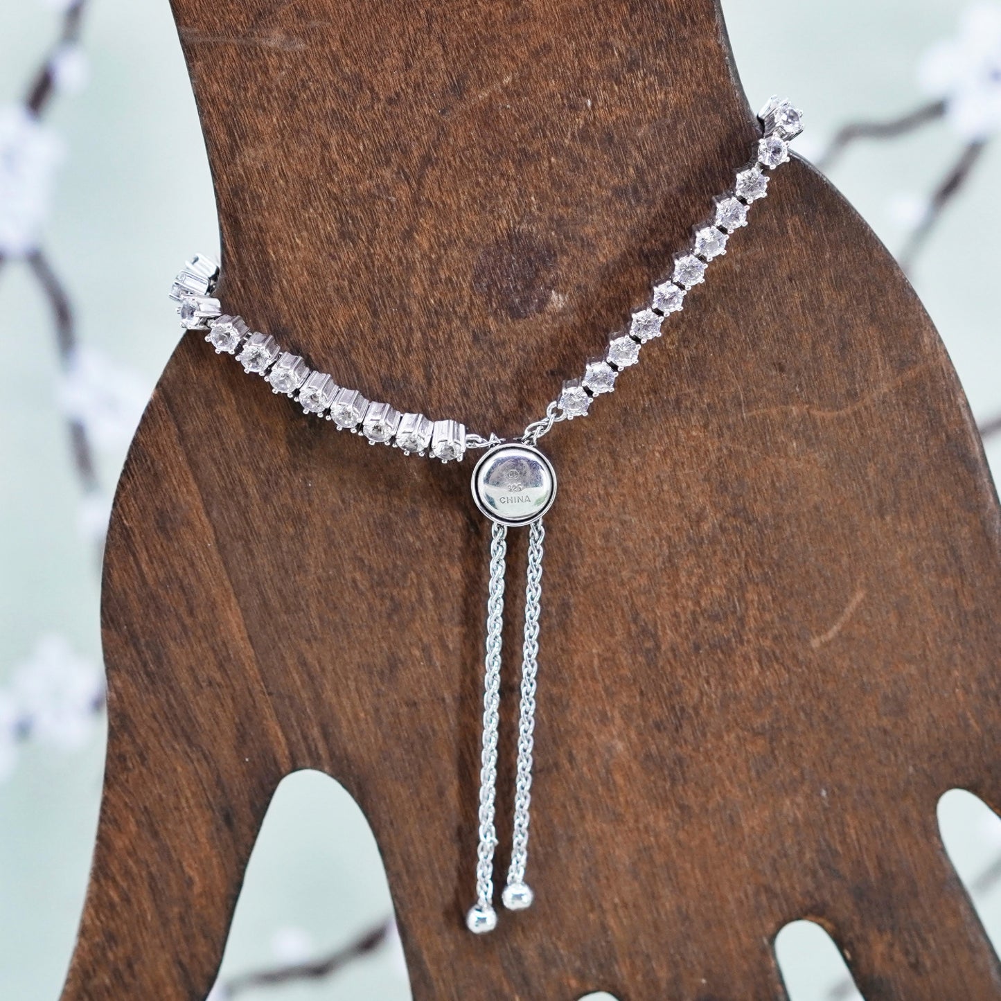 Size adjustable, Vintage sterling silver bracelet, 925 box chain white topaz