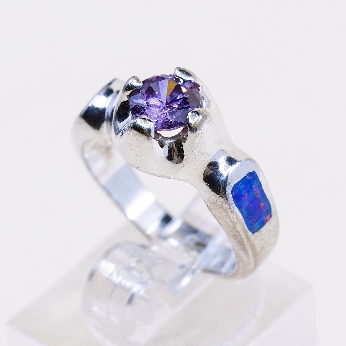 sz 6.25, vintage Sterling silver handmade ring, 925 band w/ opal N amethyst