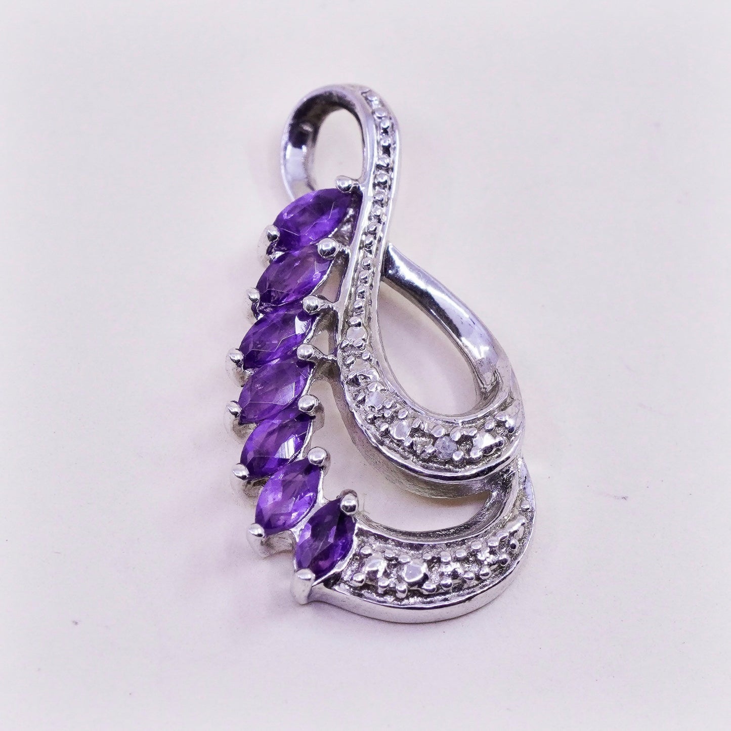 vintage sterling 925 silver teardrop pendant with amethyst and diamond