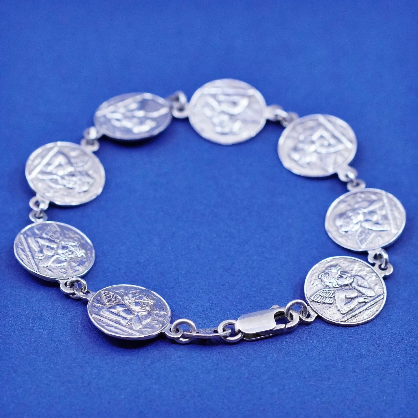7”, Sterling 925 Silver Modernist Bracelet, modernist disc with Angel relief