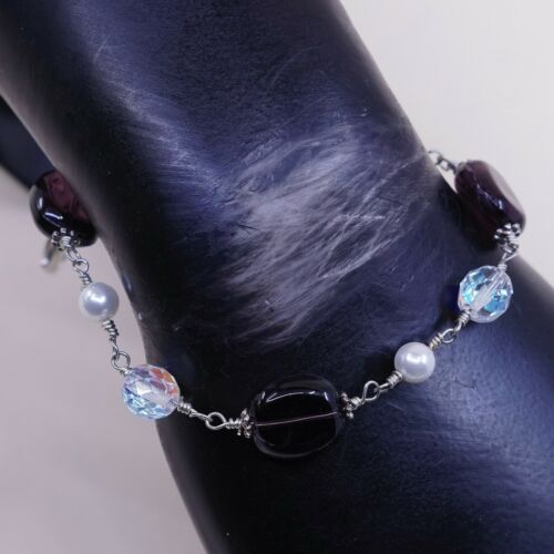 7.25”, Vtg Sterling Silver Handmade bracelet 925 Clasp W/ Pearl N Crystal