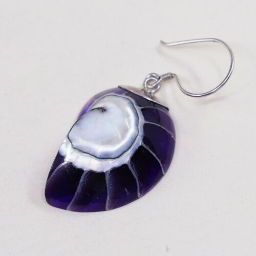Vtg STERLING 925 SILVER Handmade Purple Shell EARRINGS Dangles, Stamped 925