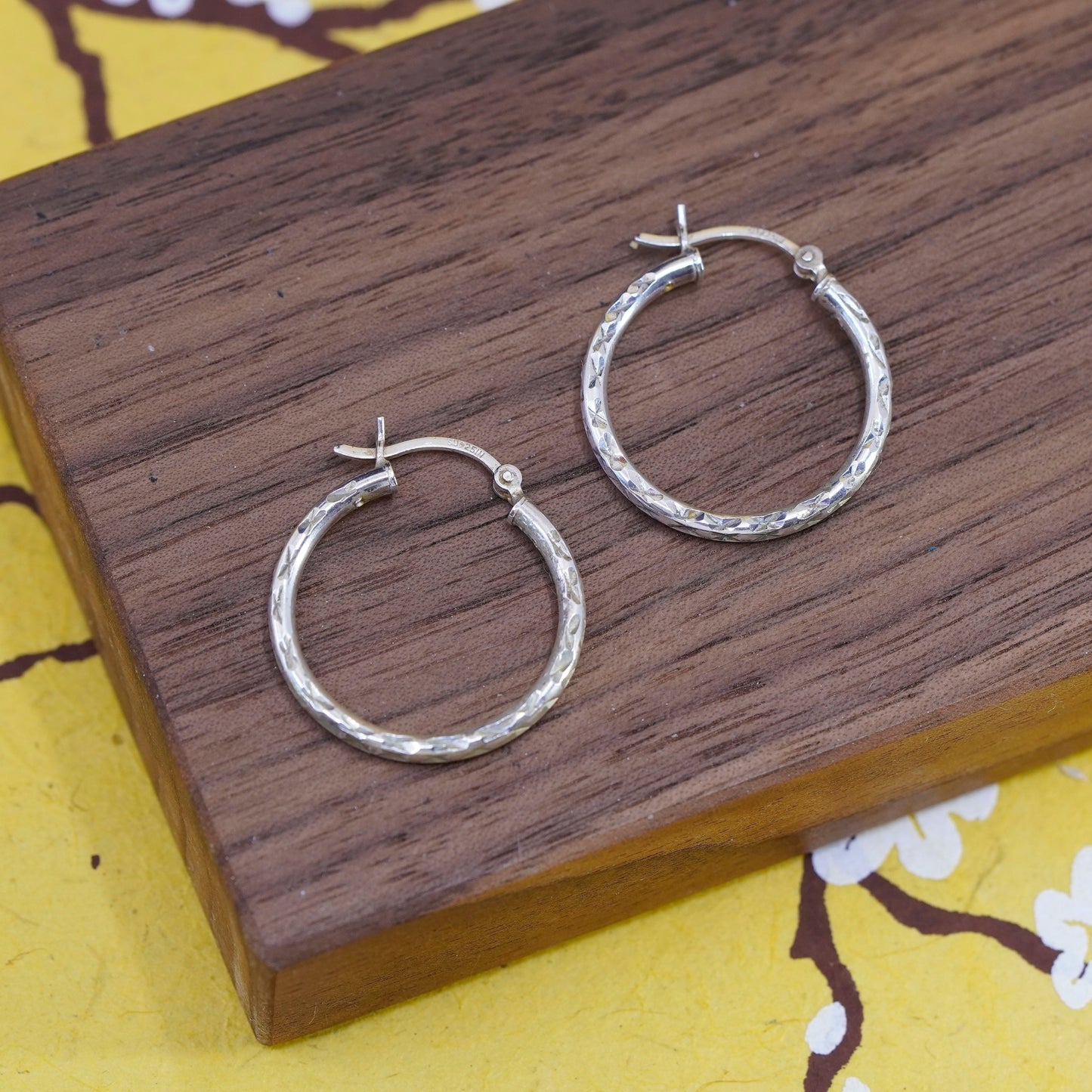 1”, Vintage Sterling silver handmade earrings, textured 925 hoops